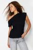 Women's Fashion New Blouse Black Boat Neck Fitted Woven Blouse