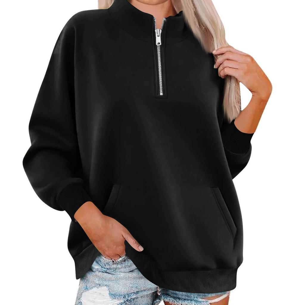 Women's Fashion Long Sleeve Loose Oversize Solid Color Half Zipper Neck Sweater Top With Pockets