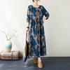 Autumn Cotton Hemp Printed Round Neck Loose Large Size Long Sleeve Dress for Women Boho Vintage Dresses