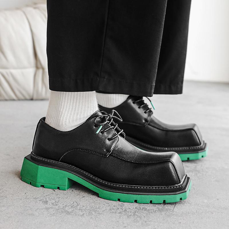 Fashion2024 Men's Japan Karajuku Korean Style Fashion Streetwear Thick Platform Casual Green Leather Shoes Lace Up Dress Leather Shoes