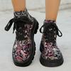 Ethnic Style New Platform Mid Heel Ankle Boot Women Round Toe Printed Lace-up Non-slip Thick Sole Motorcycle Boots Gothic Shoes