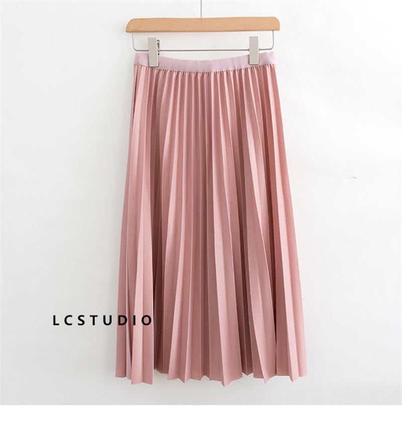 Qooth Elegant A Line Pleated Skirt Spring Summer Long Skirt Women Casual High Waisted Maxi Skirts JM0001