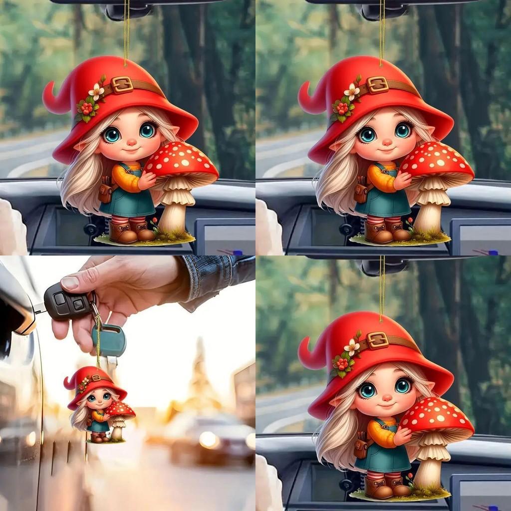 Little Car Acrylic Red Riding Mushroom Girl Keychain Pendant Vehicle Interior