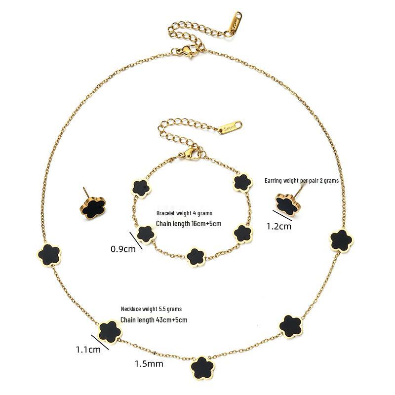INS-Inspired Stainless Steel Four-Leaf Clover Jewelry Set: Bracelet, Stud Earrings, and Necklace for Women