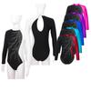 Girls Dance Gymnastics Leotard Long Sleeve Faux Diamonds Adorned Keyhole Back Style Bodysuit Children