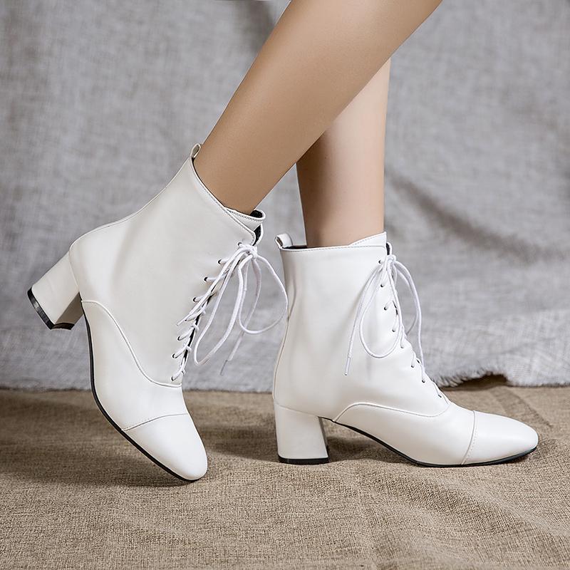 Fashion Women's Ankle Boots Autumn Winter Black White Party Shoes Female Casual Low Heels Short Boot Lace Up Large Size 34- 45