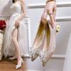 Fashion Elegant Crystal Flower Bride Shoes Women 2024 New Bling Bowknot Med Heels Pumps Woman Slip-on Thick Heels Wedding Shoes