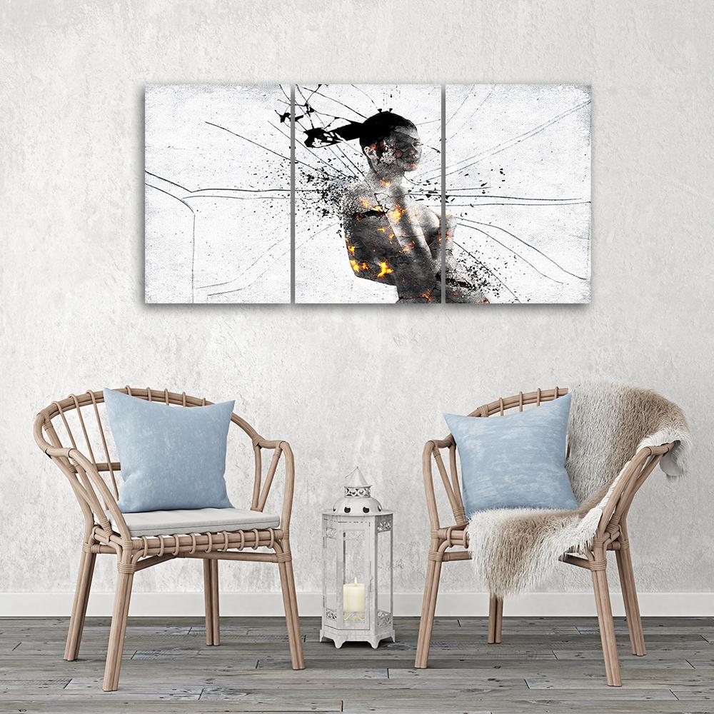 Three Piece Picture Canvas Print Woman Black and White