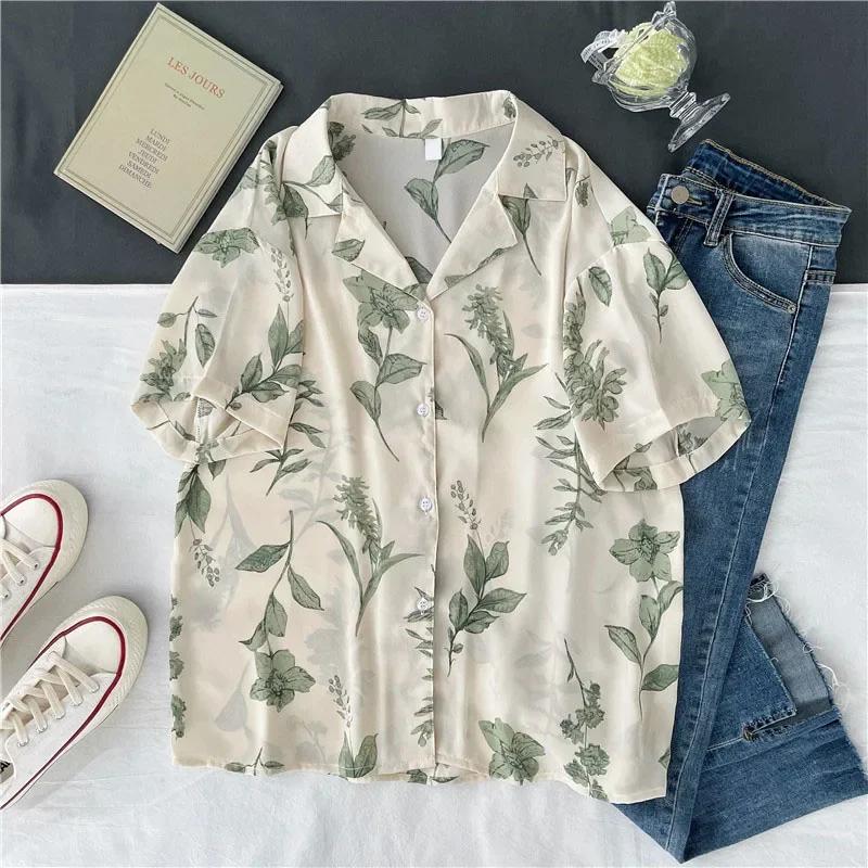 Leaf Printed Blouses Women Turn Down Collar Short Sleeve Elegant Shirts Casual Office Button Vintage Tops Autumn Blusas