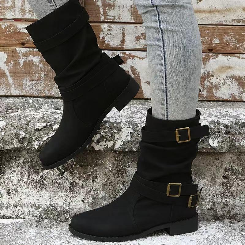 New Mid Calf Boots Women Autumn Winter Fashion Buckle Westward Ladies Chelsea Botas Mujer Round Toe Ladies Boots D105