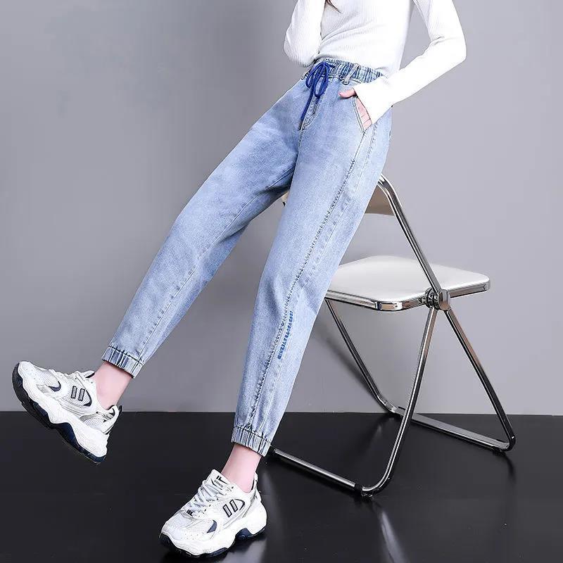 Spring and Autumn Women's High Waist Denim Harlan Pants Loose Elastic Waist Jeans Female Loose Student Casual Ankle Leng Pants