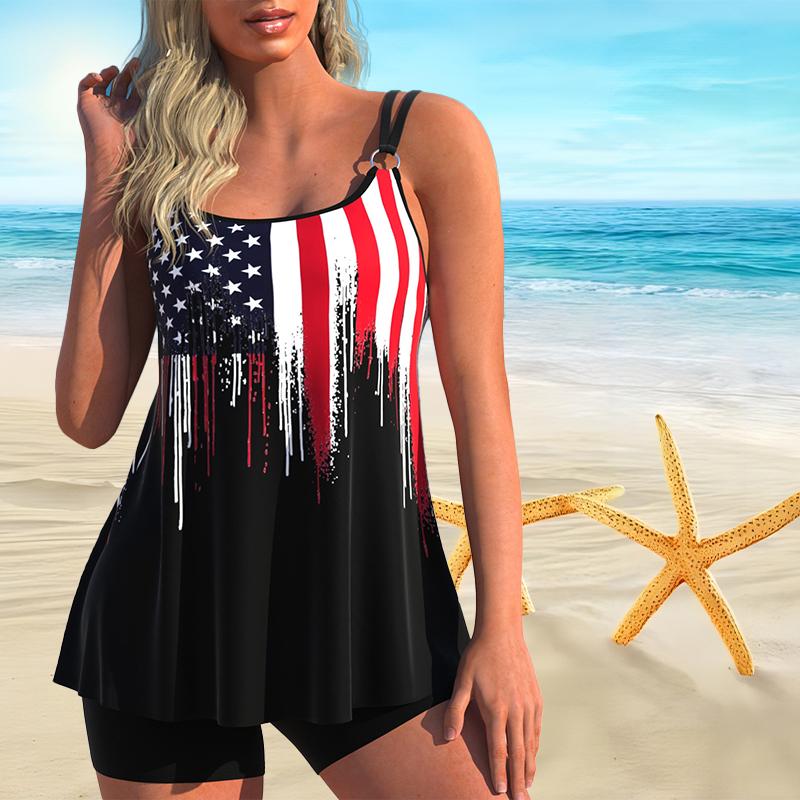 Women's Shoulder Strap Swimsuit with Floral Print Bikini Short Tank Top Swimsuit