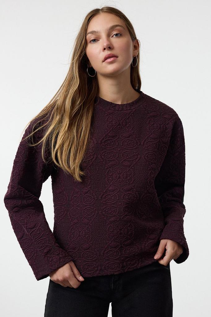 Женская модная стильная толстовка сливового жаккардового цвета, обычная трикотажная толстовка нормального кроя