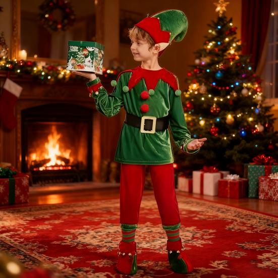 Christmas Elf Costume Set Boys Girls Festive Elf Outfit Kids Classic Red Green Elf Hat Stockings Set Dress-up Attire for Parties Cosplay Performance