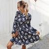 Spring Loose Floral V-neck Waist Cinched Dress for Women Casual Dresses