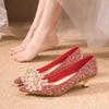 Spring Large Size French Red Wedding Shoes Bridal Shoes Rhinestone Low Heels Women's Pointed Single Shoes