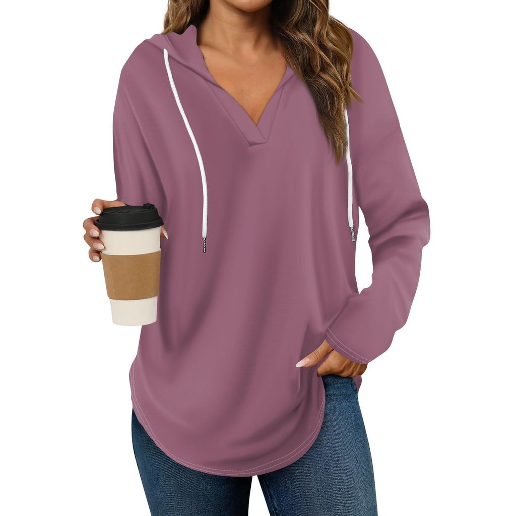 Women's Fashion Hoodies V Neck Long Sleeve Solid Drawstring Casual Loose Pullover Tops