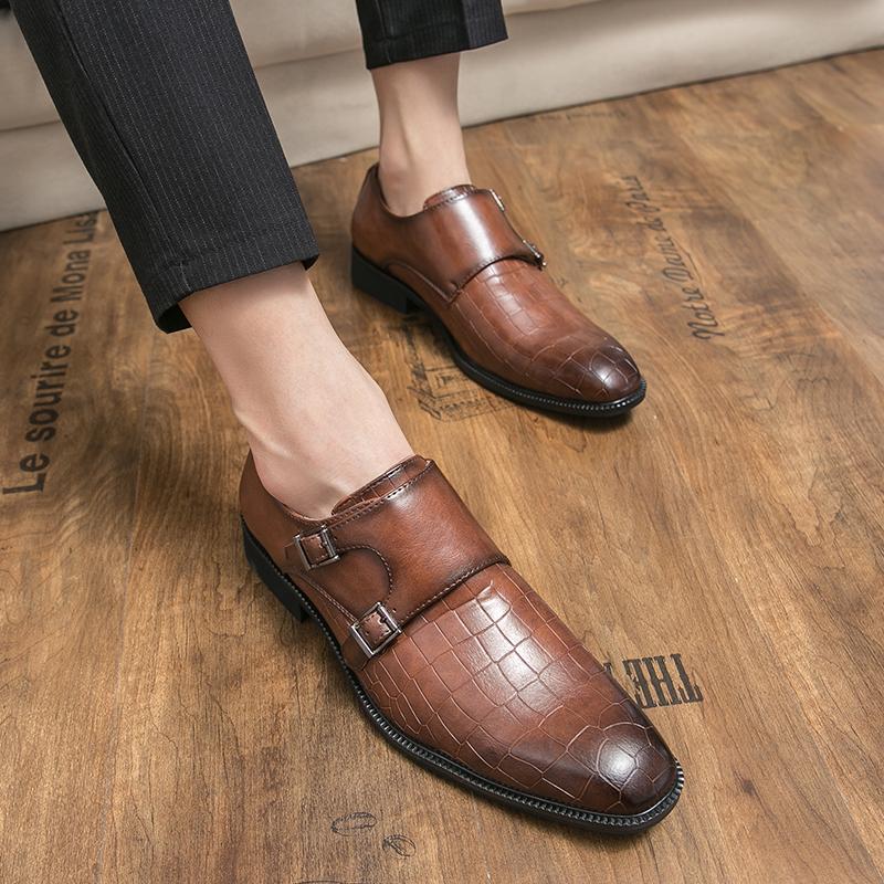 Men Fashion Casual Monk Shoes Classic Men Dress Shoes Leather Shoes Male Plus Size 38-46 Crocodile Pattern Business Formal Shoes