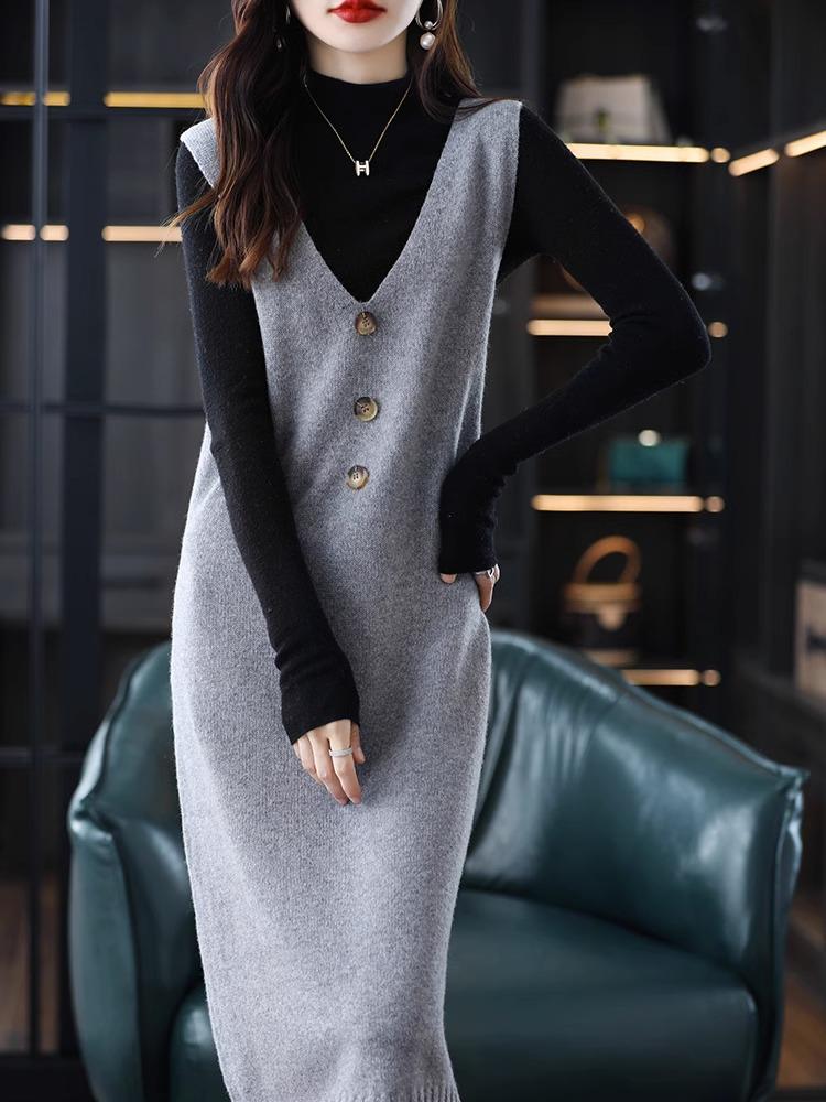 Women's Sleeveless Mid-Length Knitted Vest Dress for Spring and Autumn 2024