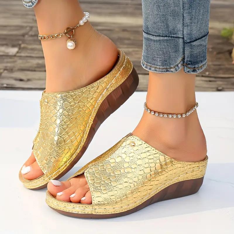 Women's Snakeskin Pattern Sandals Platform Slip On Soft Sole Casual Seaside Slides Low Wedge Vacation Slides