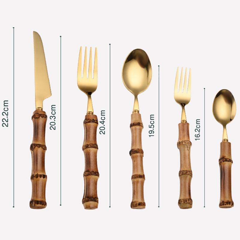 Hi Bamboo Handle Stainless Steel Cutlery Set Wooden Spoon and Fork Set Knife Minimalist Gold