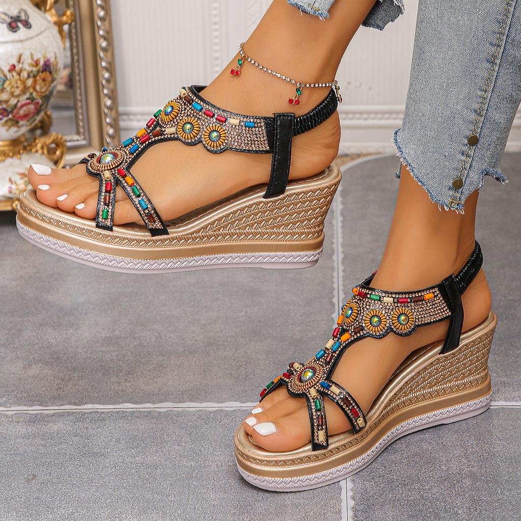 Fashion Women's Colorful Beaded Bohemian Wedge Sandals Thick Sole Non Slip Summer Beach Shoes Woman Retro Flower Chunky Platform Sandals