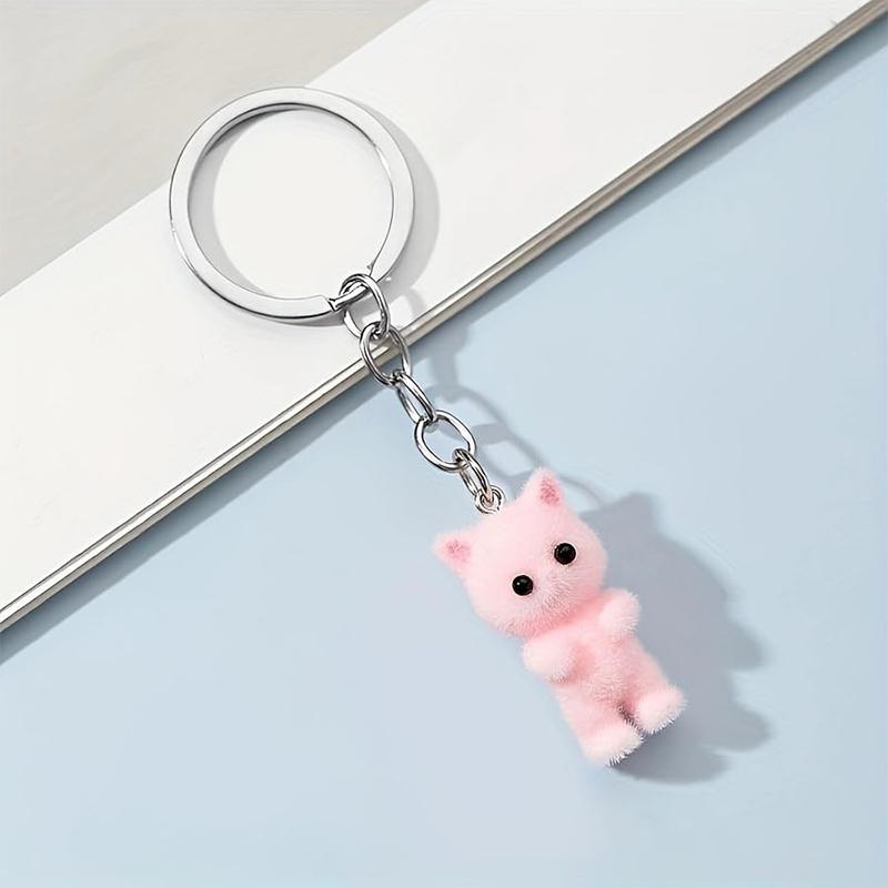 Cute 3D Flocking Kitten Small Bear Keychain Resin Cat Couple Mobile Phone Pendant Car Keyring Earphone Backpack Charms Bag Decor