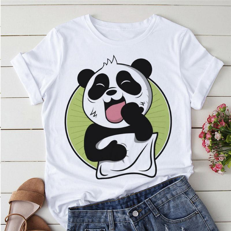 Aesthetics Cute Panda Print Women Basic Tees Cartoon Top O-Neck Simple Tee Short Sleeve T-Shirt Ladies Tees Graphic White Tshirt