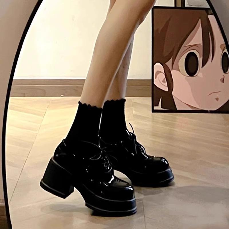 2025 Spring and Autumn Thin Black Platform Small Leather Shoes Women's Heightened Thick Heel Mary Jane Shoes Muffin High Heel Loafers