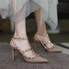 2024 Summer New Pointed Black Rivet High Heels Women's Sandals Thin Heels Beautiful Nude Single Shoes Willow Small Mouth