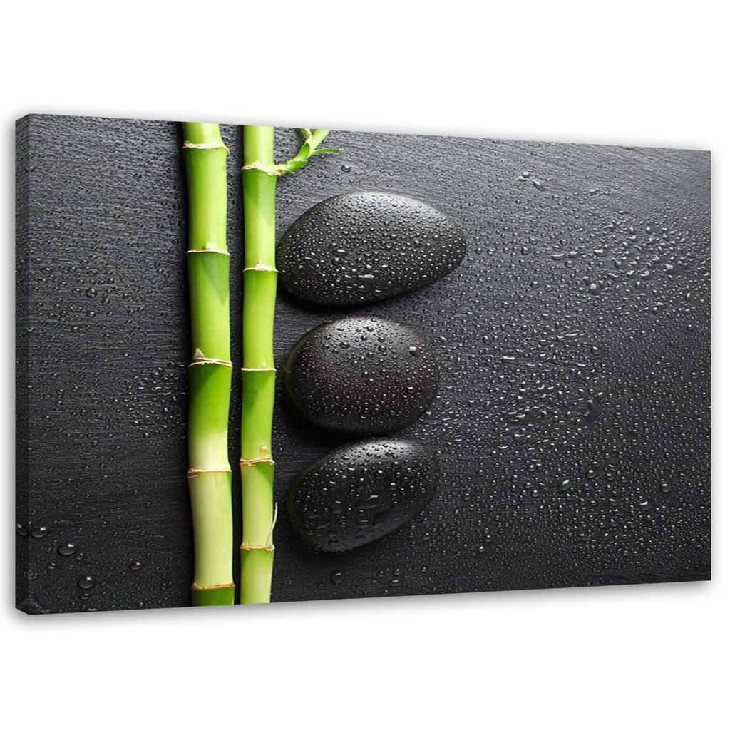 Canvas Print, Bamboo and Zen Stones On Black Background