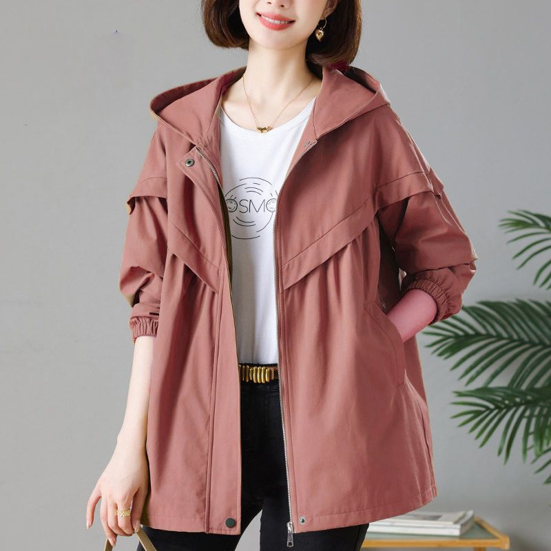 Windbreaker Jacket for Women In Spring and Autumn, Casual, Versatile, Plus Size, Loose Fit, Hooded, Medium To Long Length Jacket, Women's Clothing
