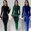 Lady Evening Dress Slim Fit Pleated Bateau Neck Long Sleeve Pure Color Midi Dress Sheath Calf Length Prom Cocktail Party Dress
