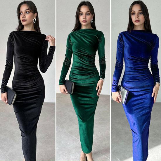 Lady Evening Dress Slim Fit Pleated Bateau Neck Long Sleeve Pure Color Midi Dress Sheath Calf Length Prom Cocktail Party Dress