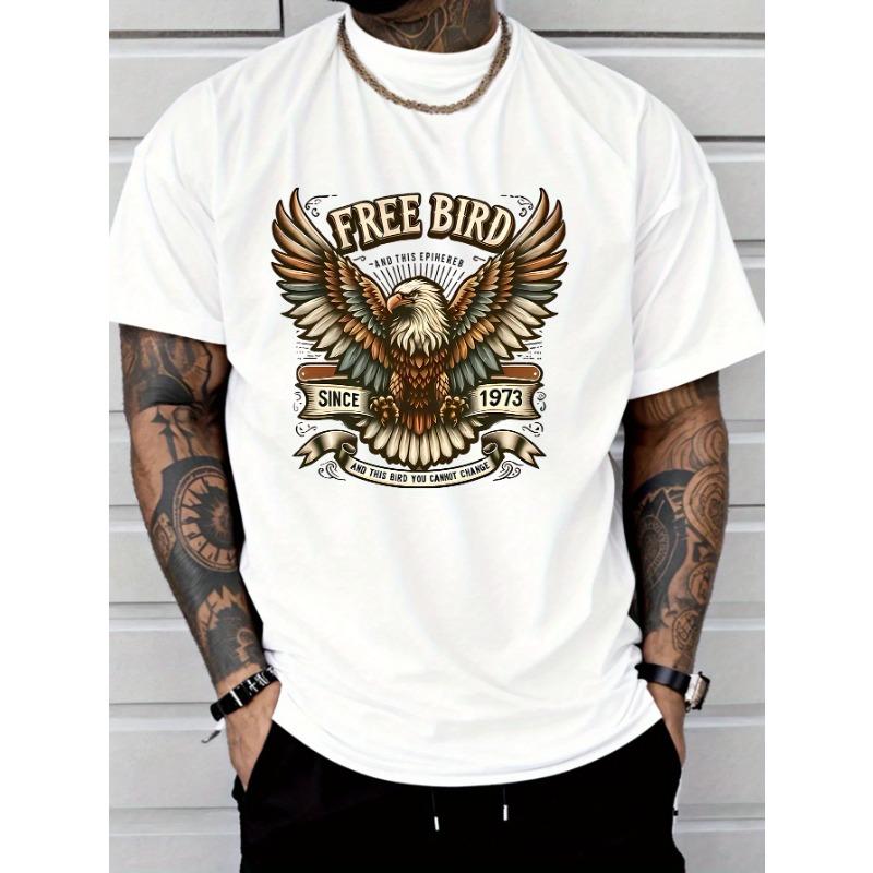 Free Bird Eagle Graphic Tee Men'S Casual Cotton T-Shirt with Slight Stretch Crew Neck All-Season Short Sleeve Print Top