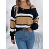 Women Autumn Winter Casual Contrasting Striped Lantern Sleeve Metal Buckle Off Shoulder Pullover Sweater