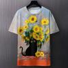 Summer Round Neck Artistic Cat and Floral Pattern 3D Print Top Fashionable Casual Short Sleeved Men's T-shirts