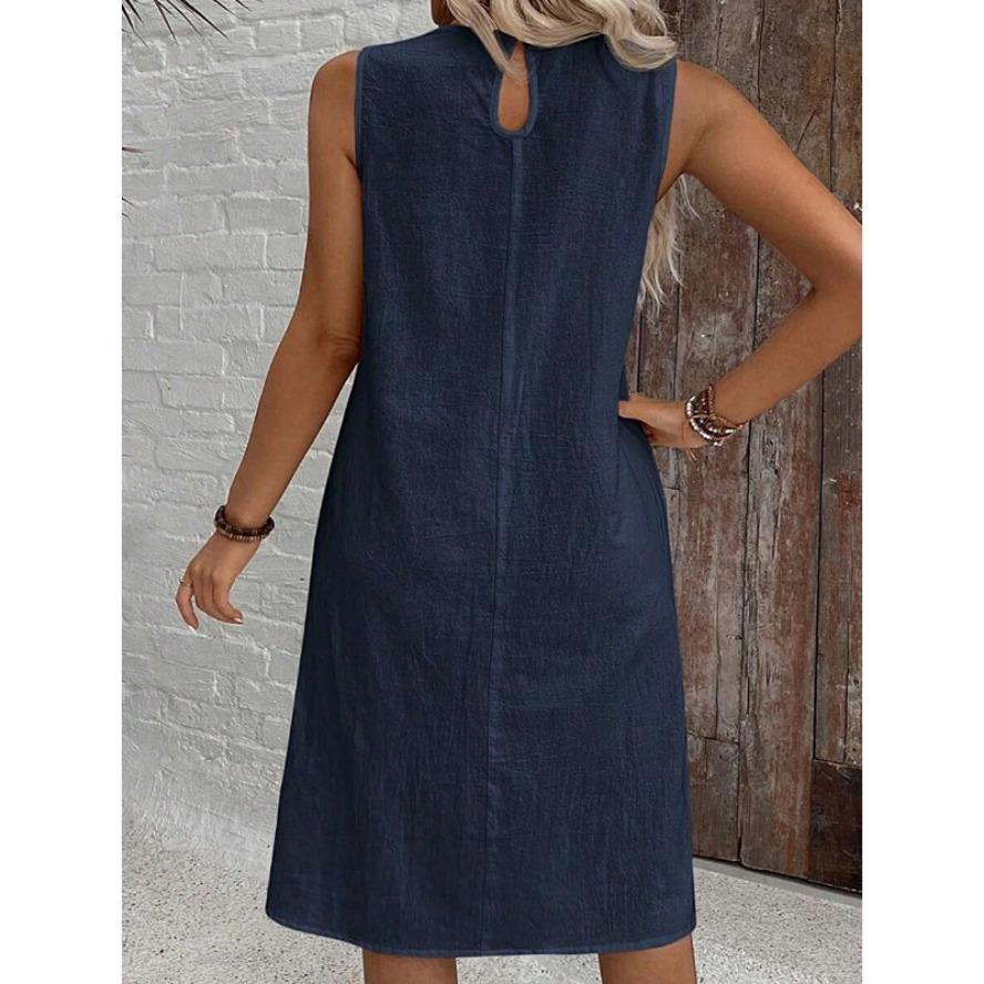 YYFS Women's Fashion Summer Spring Solid Color Print Sleeveless V-Neck Loose Waistline Casual Dresses