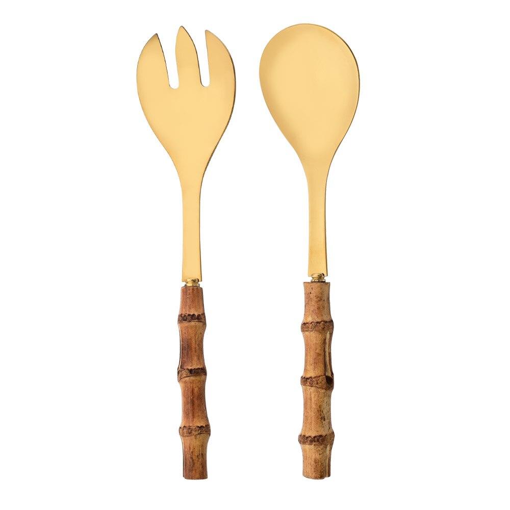 2Pcs Serving Utensils Cutlery 304 Stainless Steel Big Fork and Spoon with Natural Bamboo Handle Food Serving Salad Spork Server Spoon Tableware Set