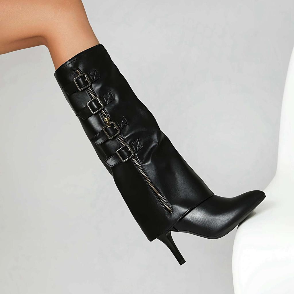 lenkisen PU Autumn Winter Shoes Pointed Toe Stiletto Thin High Heels Metal Square Buckle Keep Warm Fashion Knee Boots