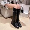 Fashion Elegant with Low Heels Black Leather Round Toe Women's Long Boots Autumn Winter Comfortable Goth Ladies Knee High Shaft Shoes