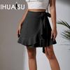 Women's One Piece Lace Up Halter Skirt High Waist Solid Colour Ruffle Short Skirt