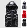 Men Cotton Vest Autumn Winter Hooded Sleeveless Zipper Placket Jacket with Pockets Solid Color Glossy Finish Down Quilted Vest Coat