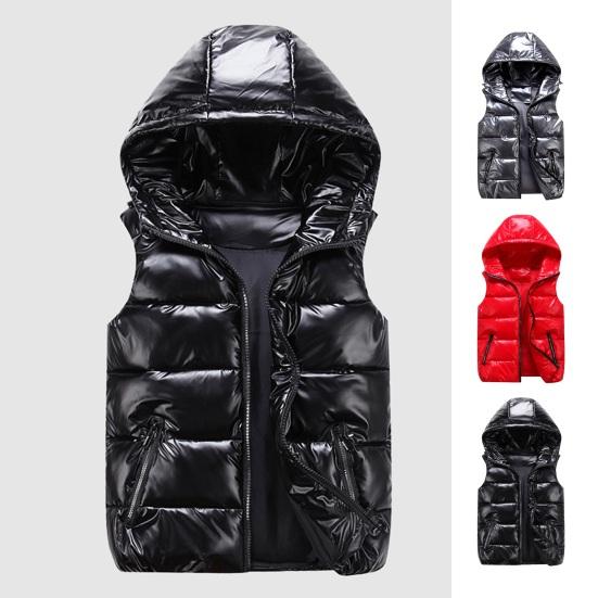 Men Cotton Vest Autumn Winter Hooded Sleeveless Zipper Placket Jacket with Pockets Solid Color Glossy Finish Down Quilted Vest Coat
