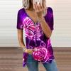 Women's Top Summer New Fashion Purple Rose Printed Casual Zipper V-neck Short Sleeve Top