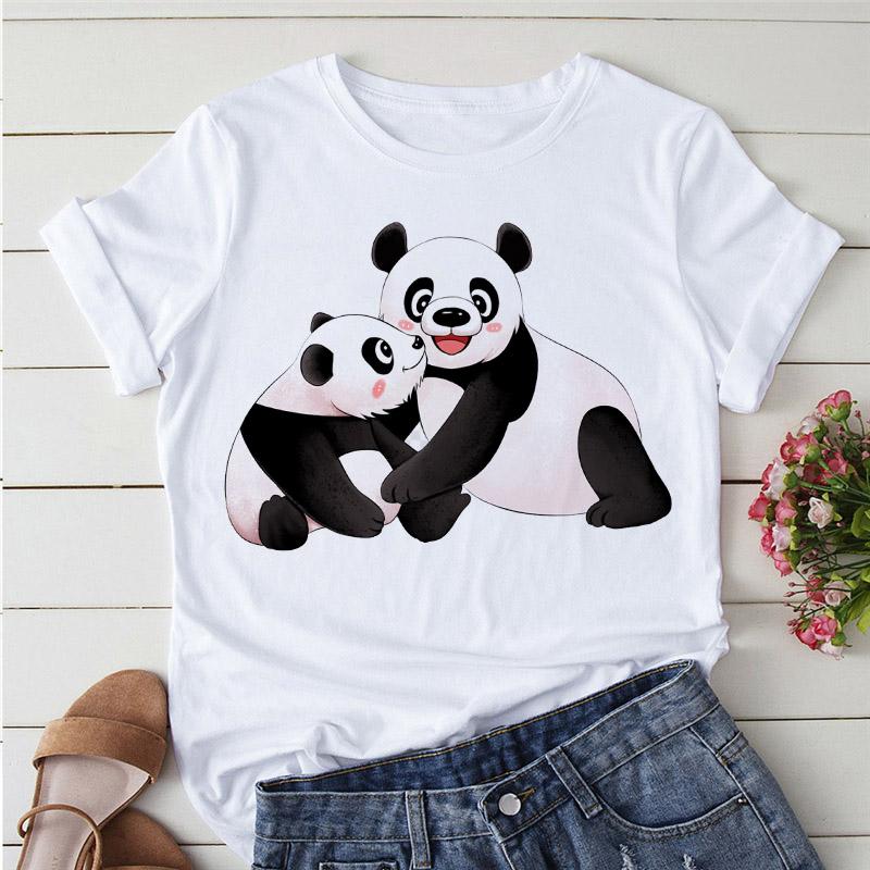 Aesthetics Cute Panda Print Women Basic Tees Cartoon Top O-Neck Simple Tee Short Sleeve T-Shirt Ladies Tees Graphic White Tshirt