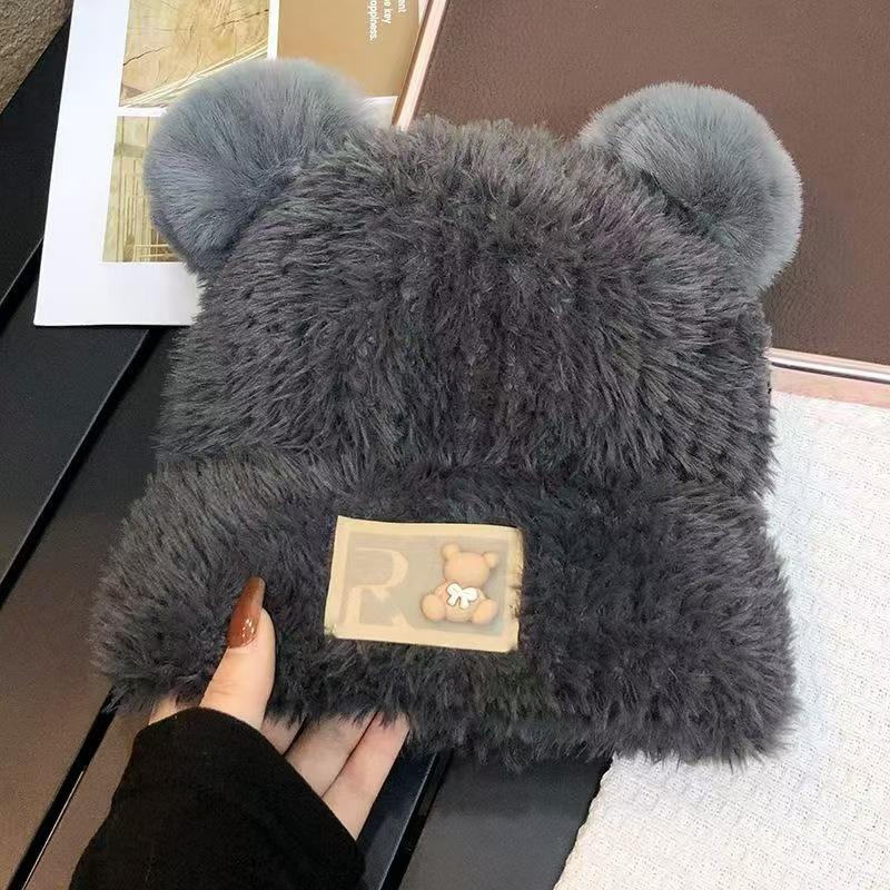 Cute Bear Ears Knitted Hat Children's Autumn and Winter New Soft Waxy Plush Big Head Circumference Warm Bag Head Wool Hat