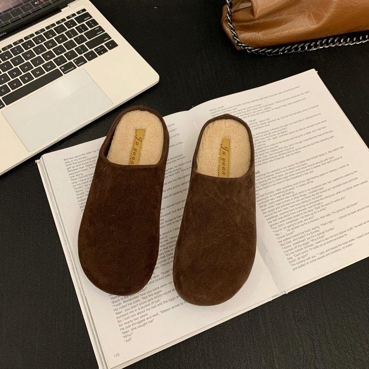 Soft Leather Version~ Baotou Half Slippers Women Wear High-end Fluffy Shoes In Autumn 2025 New Lazy Boken Shoes