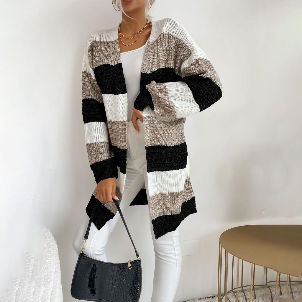 Women's Fashion Loose Early Autumn New Mid-length Knitted Cardigan Japanese Striped Color Matching Sweater Jacket