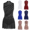 Women Stylish Ruched Dance Dress Round Collar Sleeveless Rhinestone Embellished Backless Performance Gown